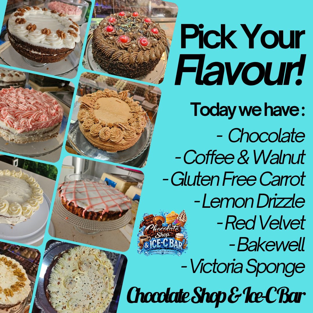 A selection of homemade cakes including chocolate, coffee and walnut, carrot, lemon drizzle, red velvet, Bakewell and Victoria sponge