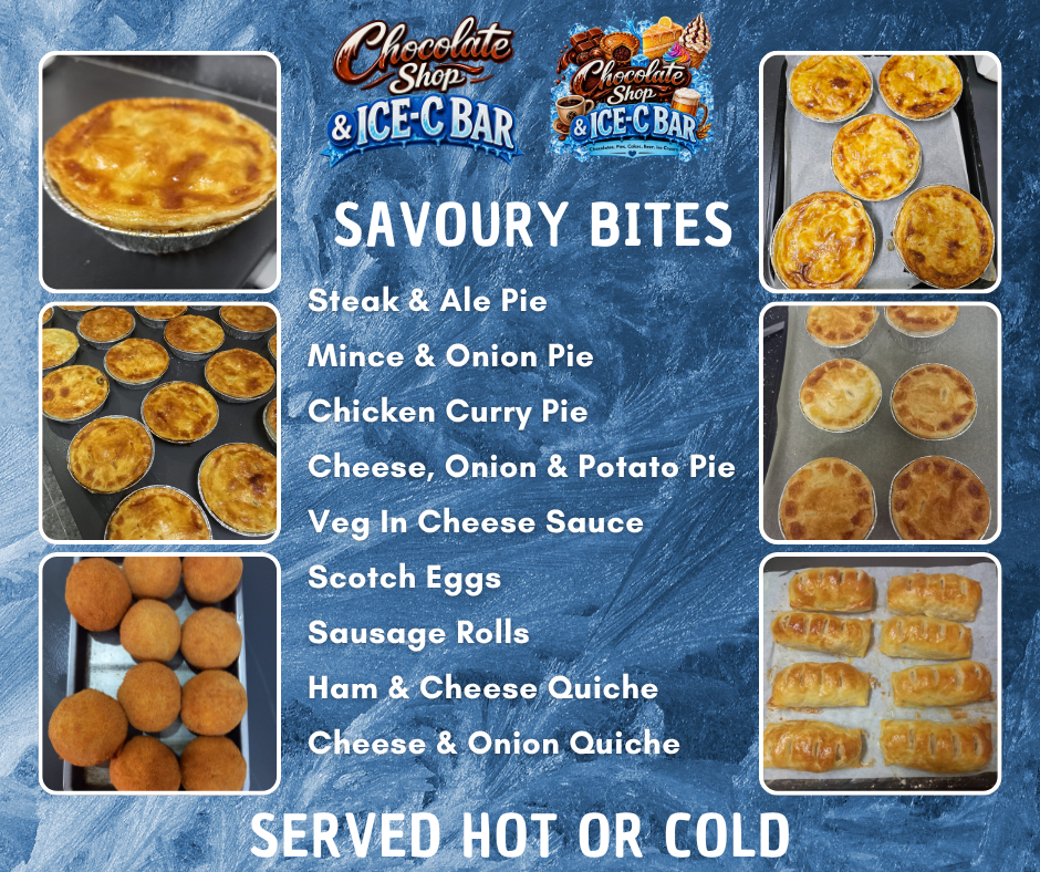Homemade pies, Scotch eggs, sausage rolls and quiches served hot or cold